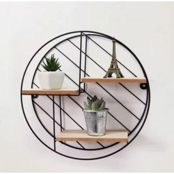 Etajera metalica decorativa rotunda cu 3 nivele din lemn de culoare naturala